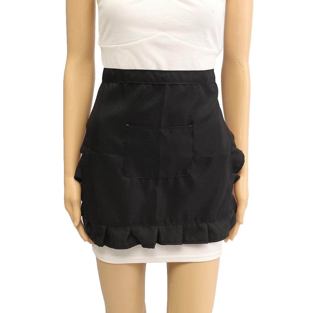 Half Waist Woman's Apron Waitress Kitchen Cooking Cafe Pub Pocket Pinny Frilly Black