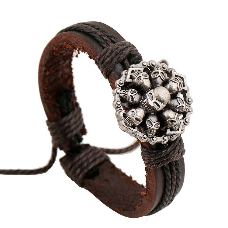 Hand-woven Punk Style Alloy Skull Leather Bracelet