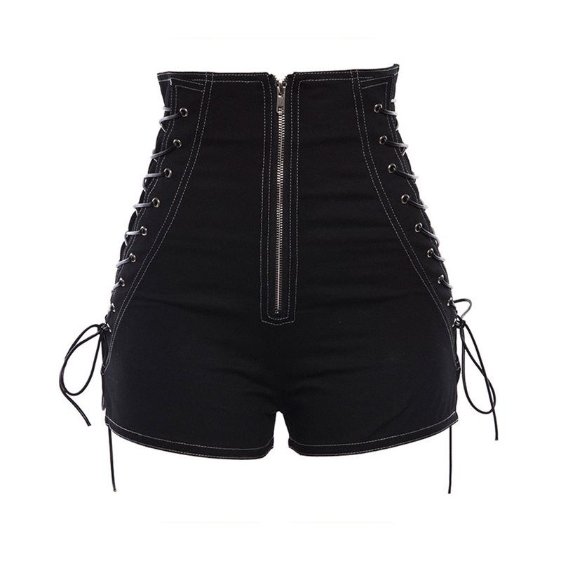 (PU Shorts Black)Rosetic Bandage  Denim Shorts Women Streetwear Gothic Jeans Mini High Waist Lace Up Casual Zip Black Goth Club Fashion 2021 DOU