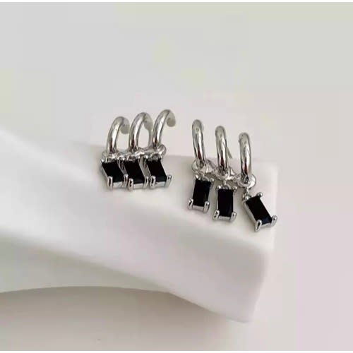 Dangle Earring- 3 Rows - Black & Silver