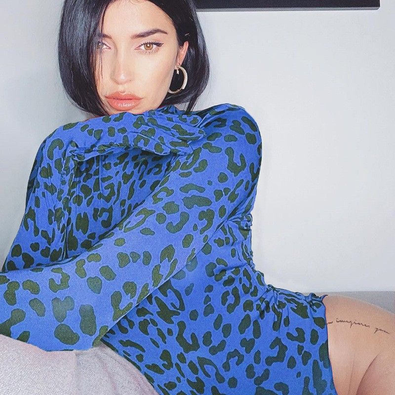 Autumn Women  Fashion Leopard Printing Splice  Skinny Pullover Turtleneck Long Sleeve Slim Glove Short Jumpsuits-Blue