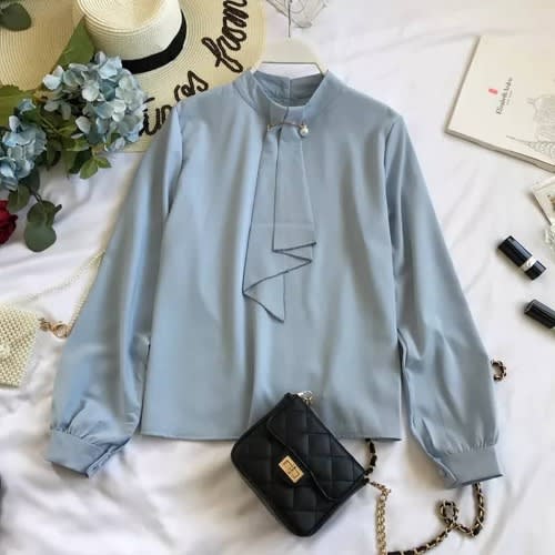 Brooch Long Sleeve Blouse- Blue