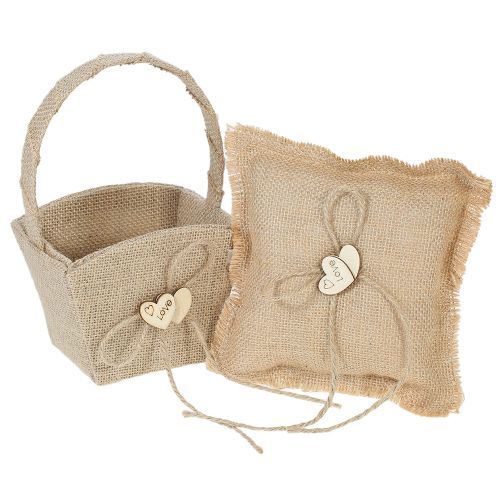6 * 6 Inches Vintage Burlap Double Heart Ring Bearer Pillow