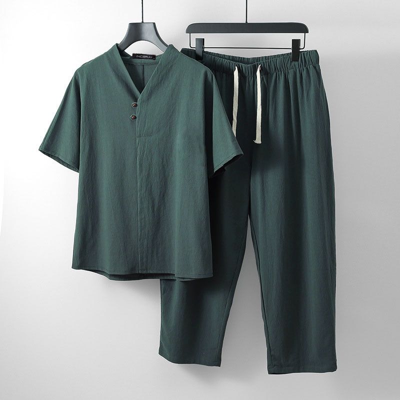 INCERUN Chinese Style Men Sets Solid Color Short Sleeve 2021 Shirt Pants Streetwear Cotton Vintage Tang Suit 2 Pieces Mens Suit