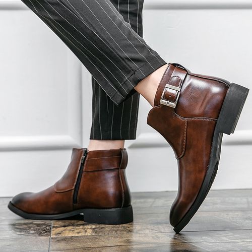 Elegant Chelsea Boots Men Shoes Big Size 38-48 Superior Quality Full Grain Cow Leather Boots Gentleman High Top Buckle Zipper Slip-on Male Shoes Brown