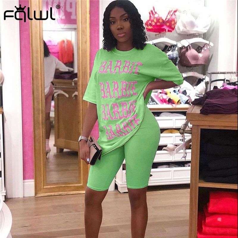 FQLWL Casual 2 Piece Set Women Suits Outfits Oversized T Shirt And Biker Shorts Set Ladies Tracksuit Female Summer Matching Sets（#Green）