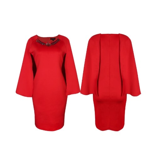 Cape Sleeve Embellished Neck Dress - Red