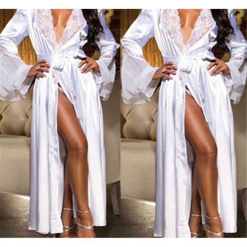 Women Ladies Long Silk Kimono Dressing Gown Bath Robe Nightgowns Sleepshirts Nightdress Cotton Black White Red（#White）