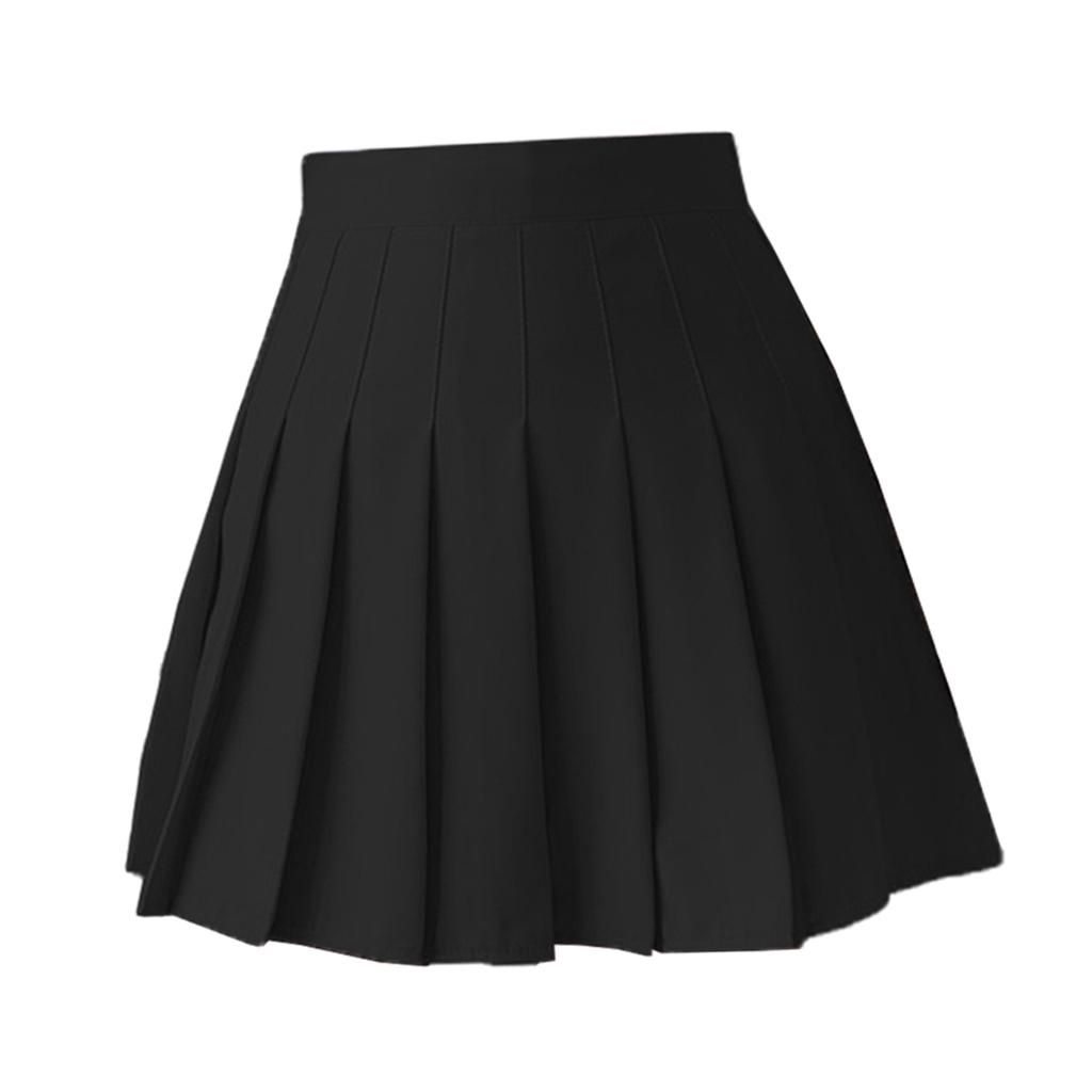 Womens Girls High Waist Pleated Skirt Skater Tennis School Black L