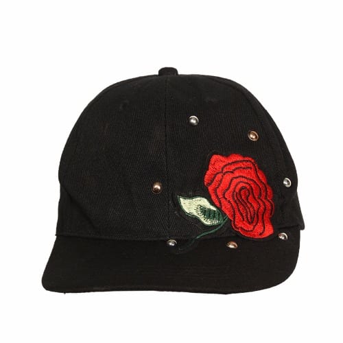 Embroidered Studded Floral Face Cap - Black