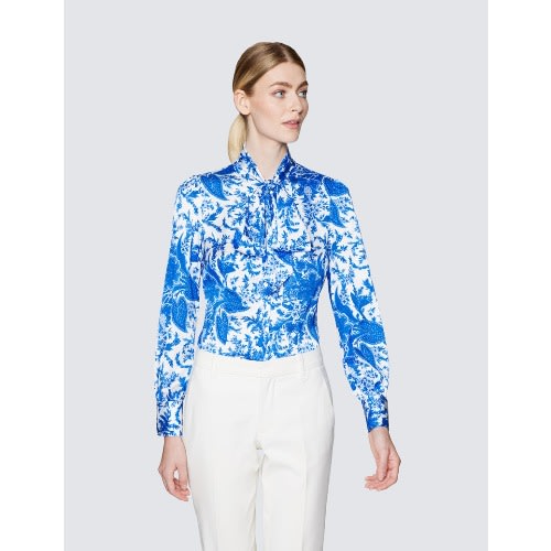 Women's Paisley Print Bow Blouse - White & Blue