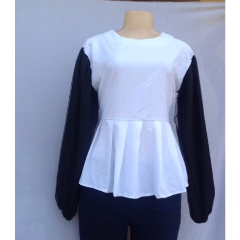 White Women's Blouse With Black Sleeves - Size 12
