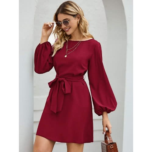 Boat Neck Bishop Sleeve Belted Dress- Red