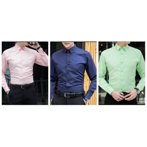 Quality Men's Long Sleeve Shirts - Pink - Navy Blue & Lemon Green - 3 In 1