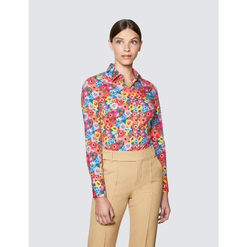 Women's Red & Pink Floral Print Fitted Cotton Stretch Shirt