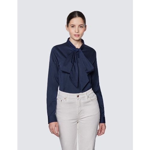 Women's Navy Relaxed Fit Luxury Cotton Nylon Shirt With Tie Detail