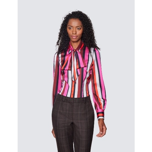Women's Pink & Black Multi Stripe Print Pussy Bow Blouse