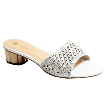 Wendy Laser Cut Mat Studded Slipper With Kiwi Heel - White