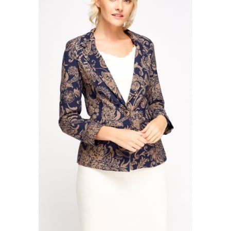 Glittered Gold Printed Fitted Blazer - Navy