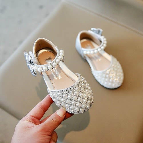 Girl Rhinestone Pearl Shoes - Silver
