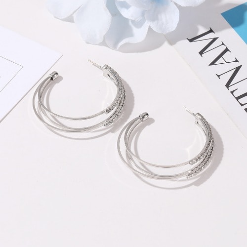 Hoop Round Rhinestone Earring- 3 Layers-Silver