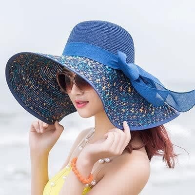 Ladies Wide Brim Hat Floppy Straw Hat For Church Or Beach - Blue