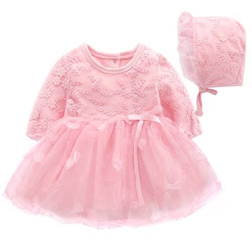 Girls Newborn Christening Dress With Cap - Pink