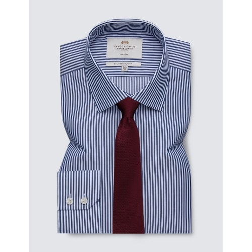 Men's Formal Navy & White Bengal Stripe Slim Fit Shirt - Single Cuff - Non Iron
