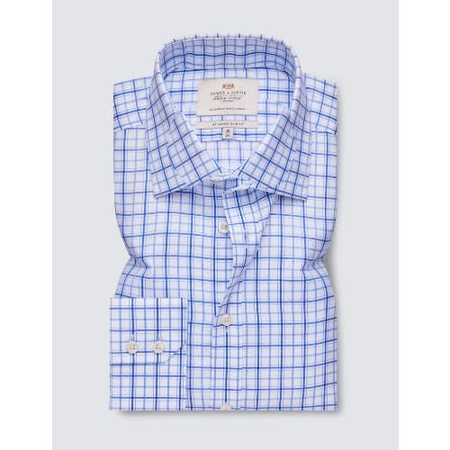 Easy Iron Blue & White Check Slim Fit Shirt - Single Cuff