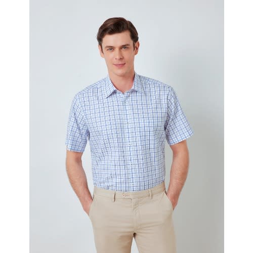Easy Iron Blue & White Multi Check Slim Fit Short Sleeve Shirt