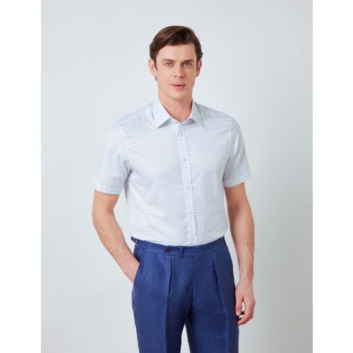 Blue & White Textured Check Slim Fit Short Sleeve Shirt