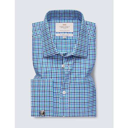 Easy Iron Blue & Green Check Slim Fit Shirt - Double Cuff