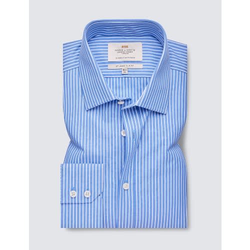 Easy Iron Blue & White Stripe Slim Fit Shirt - Single Cuffs