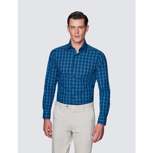 Men's Curtis Navy & Turquoise Check Piccadilly Slim Fit Shirt - Low Collar