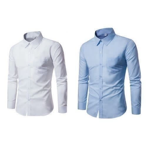 Men's Plain Shirts - White & Blue - No Chest Pocket