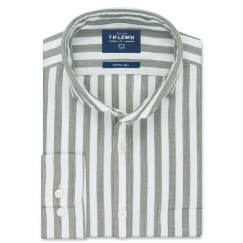Cotton Linen Slim Fit Bold Stripe Olive Shirt