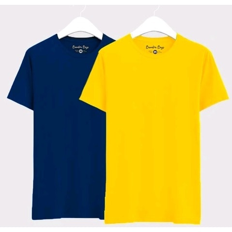 Set Of 2 Unisex Round Neck T-shirt - Blue And Yellow