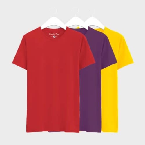 Set Of 3 Unisex Round Neck Tshirt  - Red,Purple And Yellow