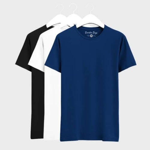 Set Of 3 Unisex Round Neck T-shirts - Blue, White And Black