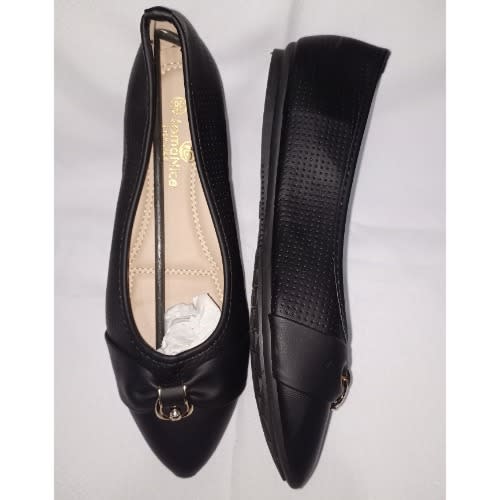 Ringed Stock Leather Bowed Female Flat Office Shoe- Black