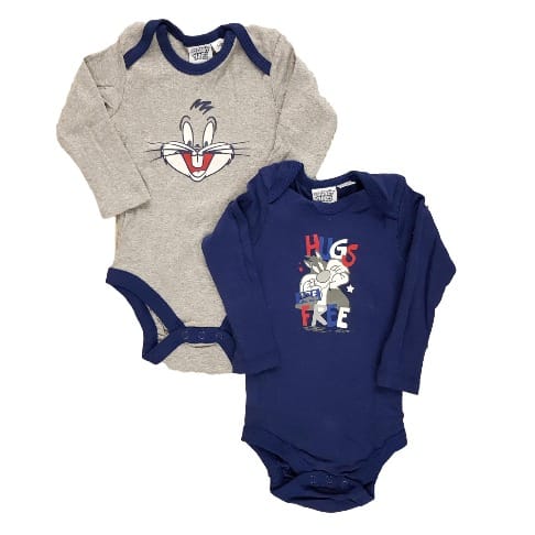 Soft Cotton Looney Tunes Navy Blue And Grey Long Sleeve Bodysuits - Set Of 2