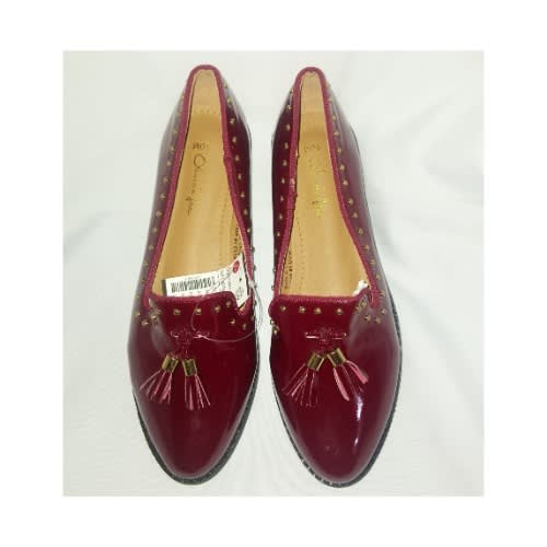 Patent Leather Edge Studded Flat Loafers - Wine