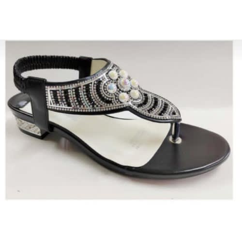 Pearl Detail Thong Leather Black Sandal