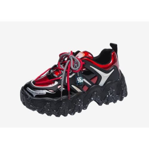 Ladies Lace-Up Front Chunky Sole Sneakers - Black And Red
