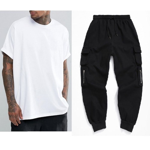White Oversized T-shirt And Black 6 Pockets Combat Trouser