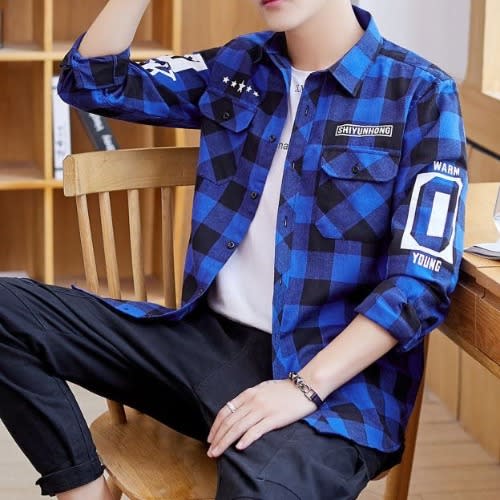 Men's Long Sleeved Plaid Shirt - Check Flannel - Blue