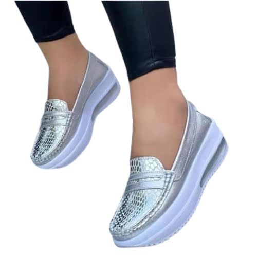 Ladies Round Toe Sneakers - Silver