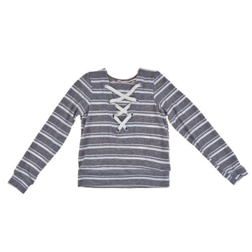 Girls Striped Top With Lace Up Neckline