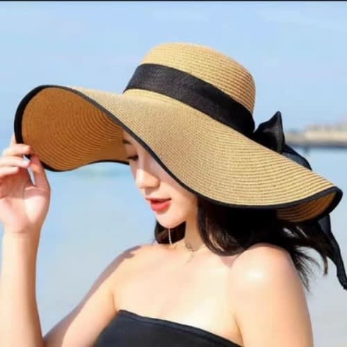 Women's Large Brim Straw Hat - Brown & Black