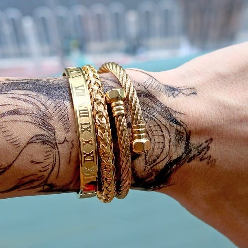 18k Gold Plated Stainless Steel Men's Royal Roman Hexagon Bracelet Set - 3 Pcs